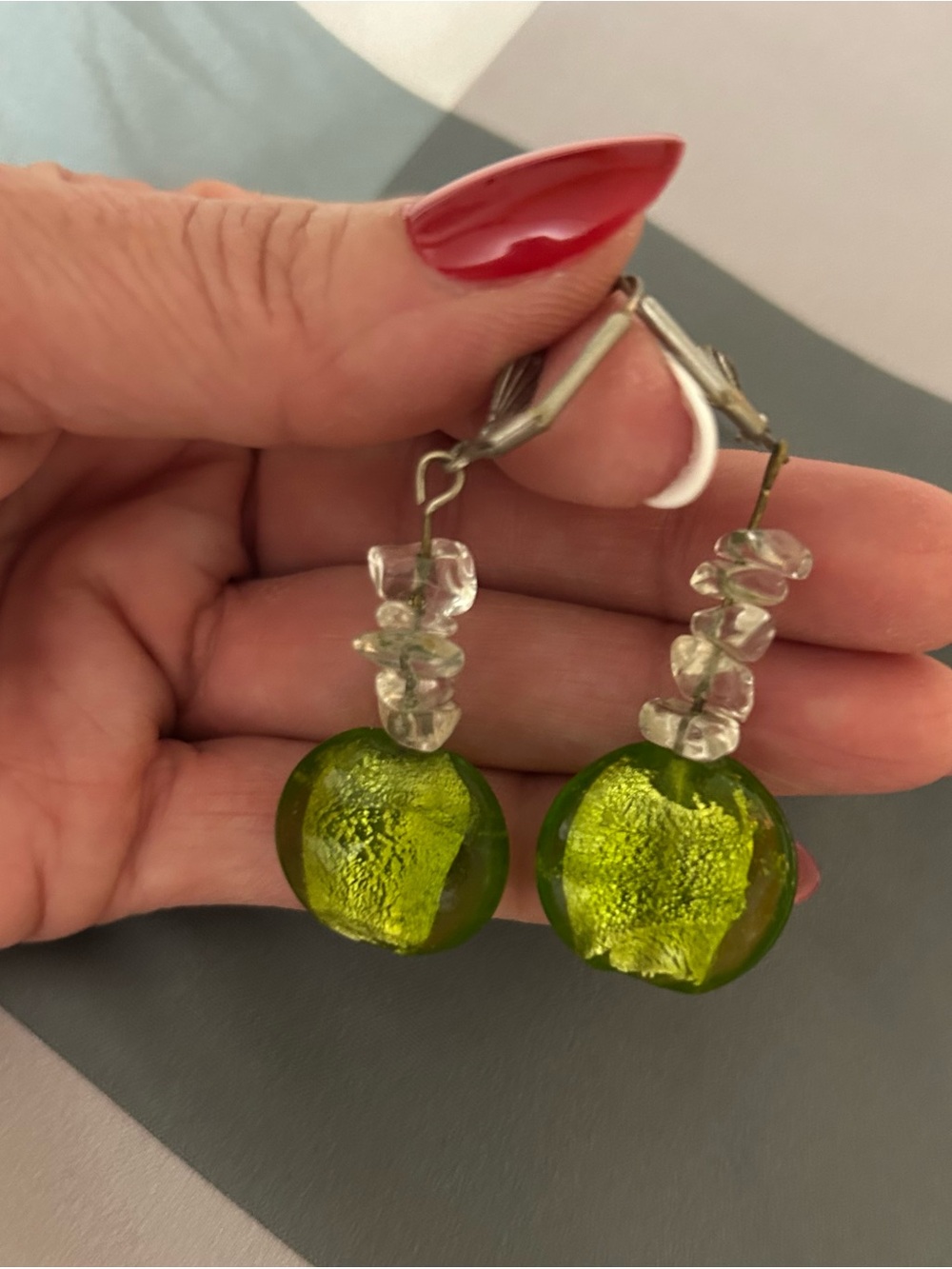 Green Glass Drop Earrings with Clear Bead Accents